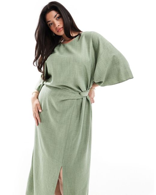 ASOS Green Asos Design Curve Angel Sleeve Drape Waist Tab Detail Midi Dress