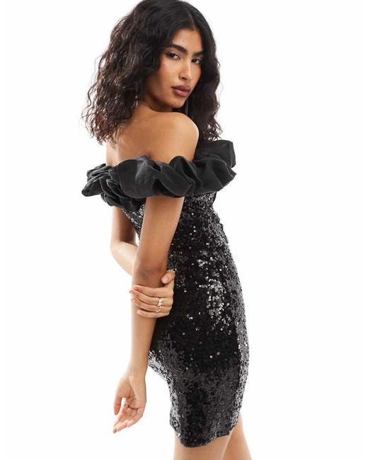 Vestito Corto Con Paillettes E Spalline Con Volant di Object in Black
