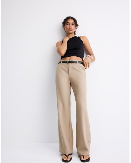 Stradivarius Natural Flowing Straight-leg Smart Trousers With Belt