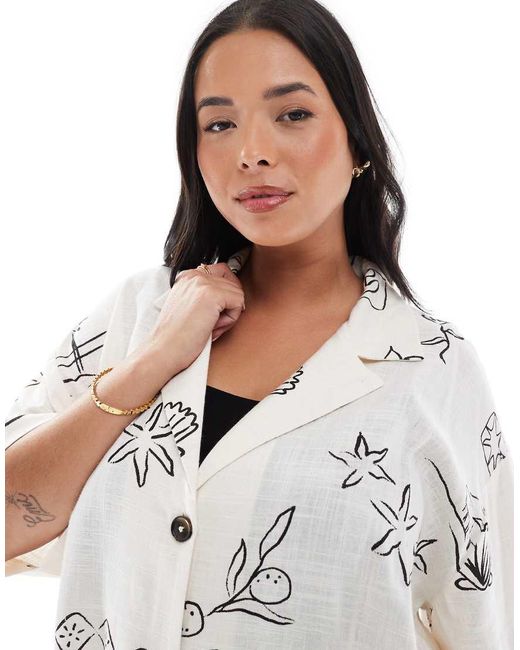 ASOS White Asos Design Curve Linen Blend Short Sleeve Co-Ord Shirt