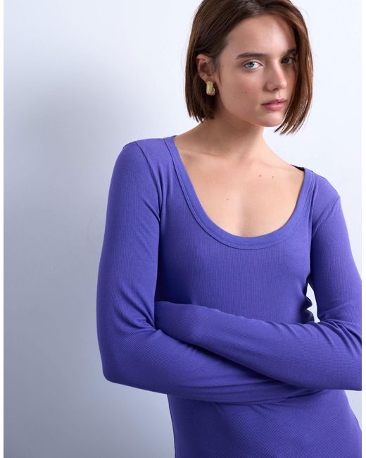 TOPSHOP Purple Premium Rib Long Sleeve Wide Scoop Neck Top