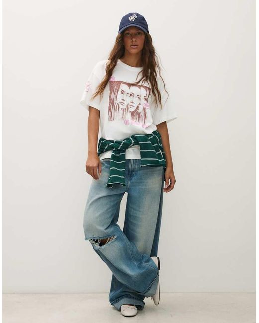 Bershka White Hilary Duff Oversize Short Sleeve T-Shirt