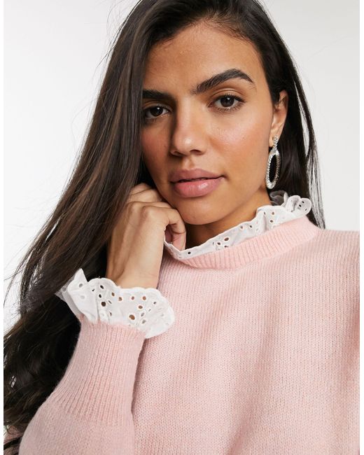 River Island Pink Jumper With Broderie Collar And Cuffs