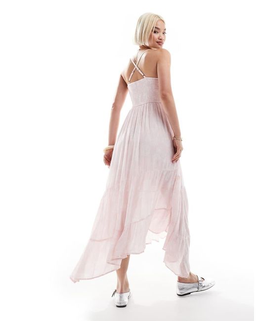 Vestido Largo Rosa Con Estampado De Ondas Y Bajo Asimétrico De Mezcla De Tejido Liso Y Croché De Hollister de color Pink