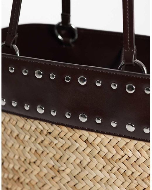 Mango Natural Woven Shoulder Bag With Faux Leather Studded Trim