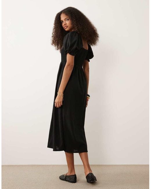 New Look Black Tie Front Shirred Midi Dress