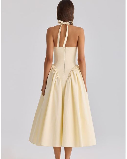 House Of Cb Natural Marilyn Lemon Cotton Halter Neck Midi Sundress