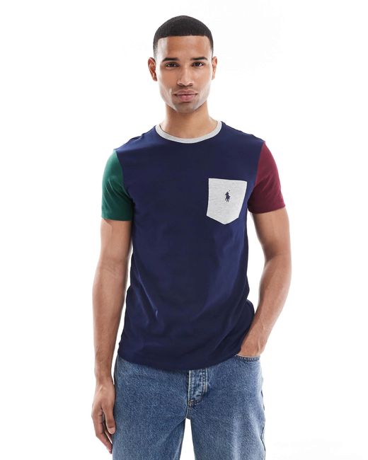 Polo Ralph Lauren Blue Icon Logo Pocket Colourblock T-shirt Custom Fit for men