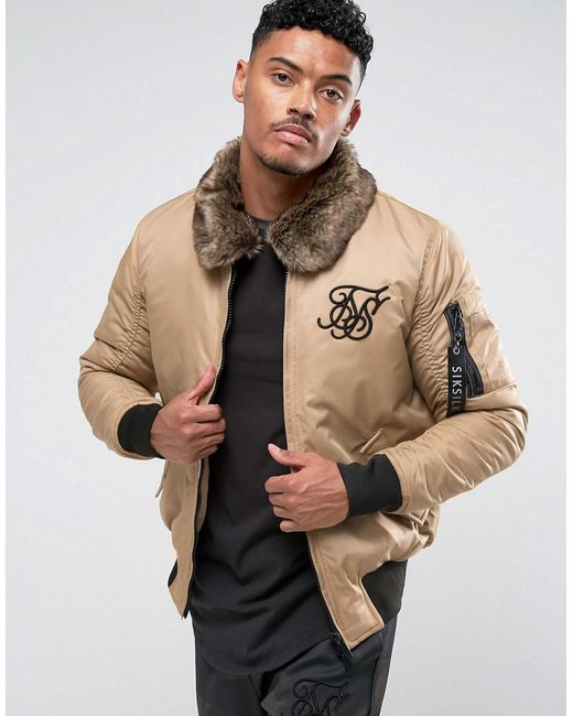 Siksilk Natural Bomber Jacket In Stone With Borg Collar for men
