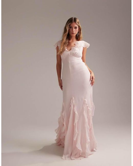 ASOS Brown Bridesmaids Flutter Sleeve Bias Maxi Dress With Godet Frill Hem