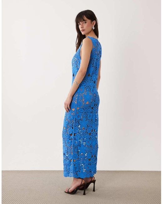 SNDY'S Blue Cotton Rich Flower Open Crochet Maxi Dress