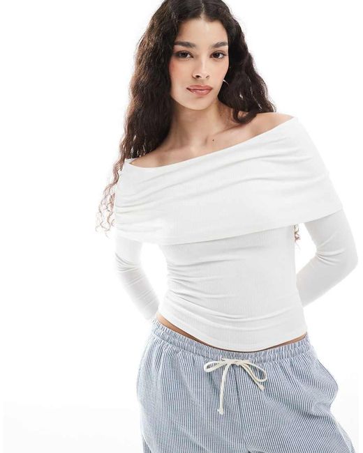 Glamorous White Bardot Long Sleeve Top