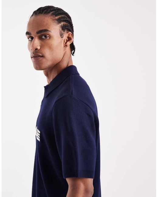 ASOS Blue Oversized Knit Notch Neck Polo Shirt With Palmae Graphic for men
