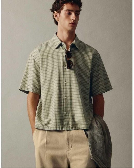 Pull&Bear Green Short Sleeve Check Shirt for men