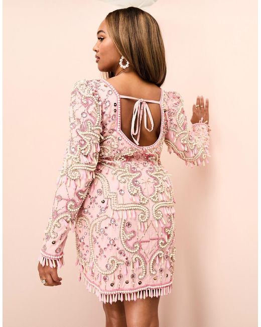 ASOS Curve Pearl Embellished Puff Sleeve Long Sleeve Mini Dress in Pink Lyst UK