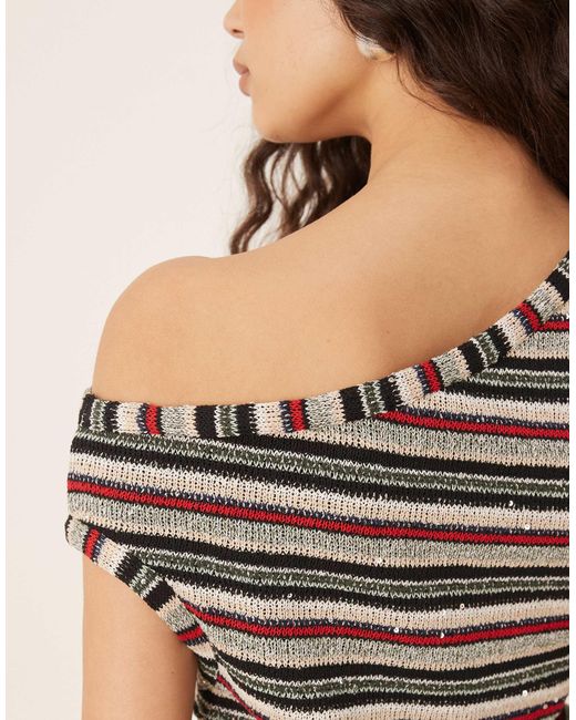 ASOS Natural Co-ord Knitted Stripe One Shoulder Top With Sequin Detail