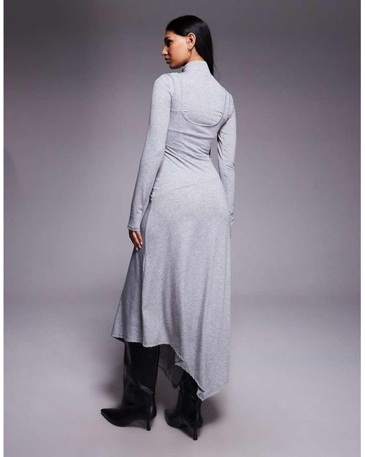 ASOS Gray Long Sleeve Double Layer Hanky Hem Midi Dress