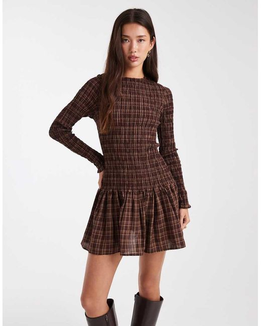 Daisy Street Brown Drop Waist Shirred Mini Dress