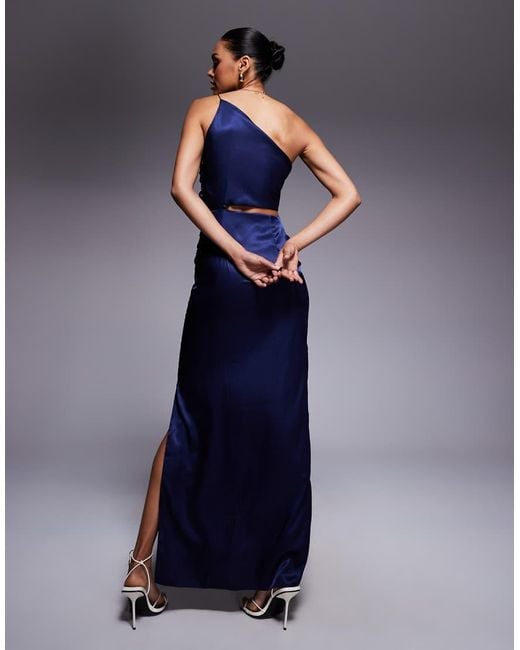 Vesper Blue One Shoulder Ruched Satin Maxi Dress