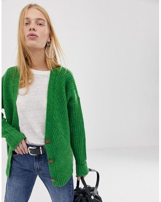 ASOS Green Chunky Cardigan In Moving Rib With Statement Button