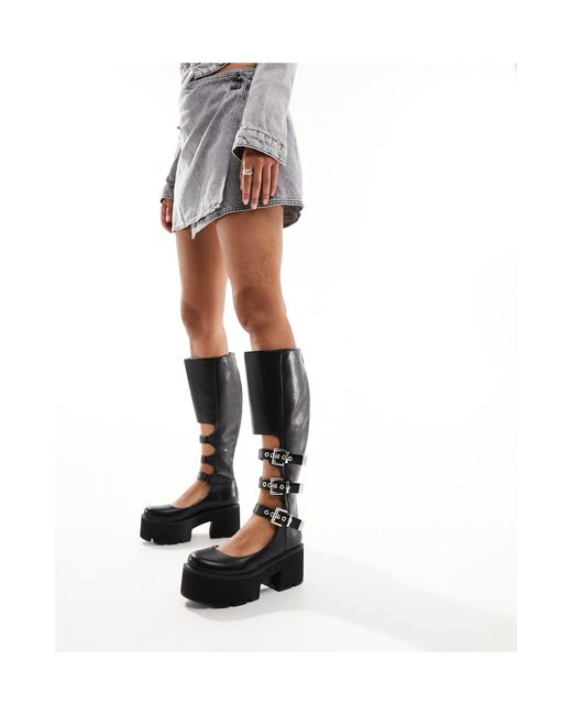 Lamoda Black Lift Up Chunky Knee Boots With Cut Out Buckle Detail