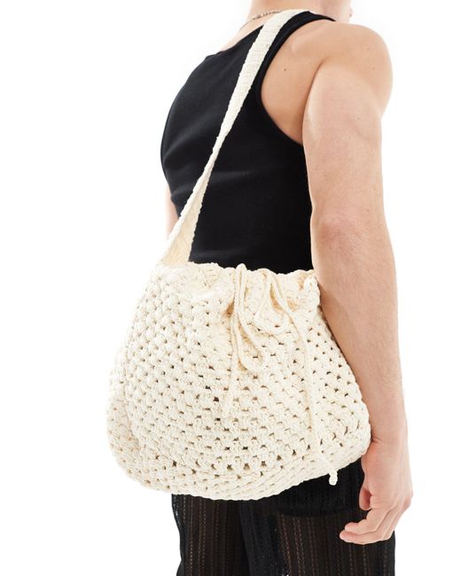 ASOS White Crochet Tote Bag With Ruched Closure for men