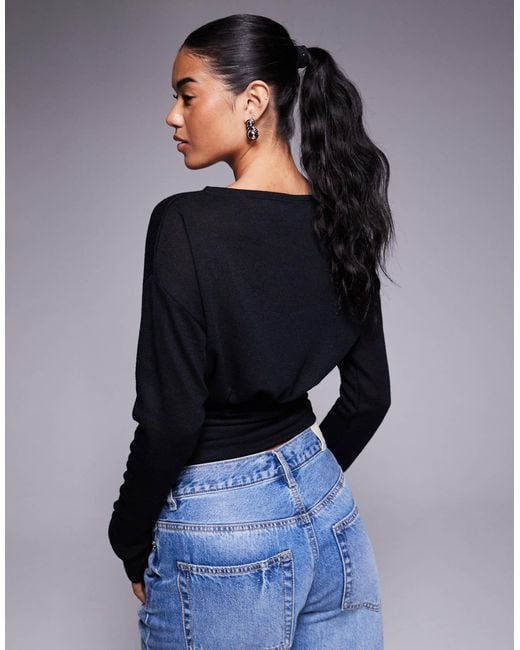 ASOS Blue Knit-look Asymmetric One Shoulder Long Sleeve Top With Cinch Waist Detail