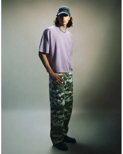 Bershka Purple Short Sleeve Washed Effect Embroidered T-Shirt for men