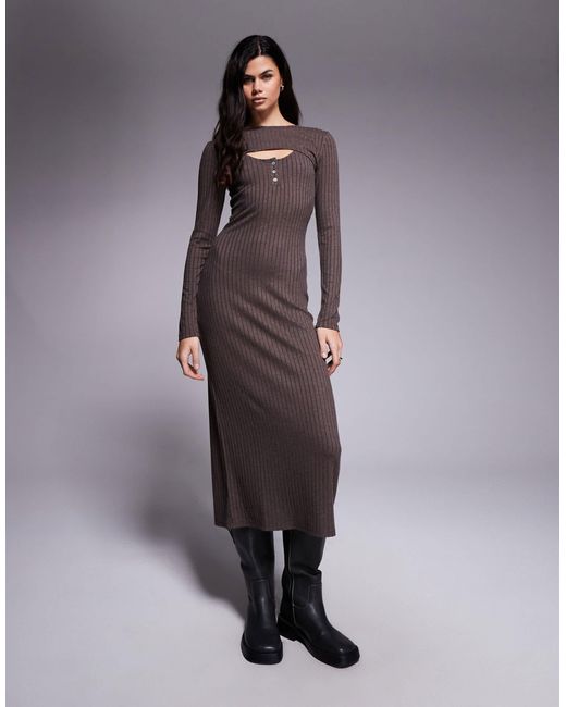 Robe longue côtelée à manches longues et encolure dégagée boutonnée avec gilet - chocolat ASOS en coloris Brown