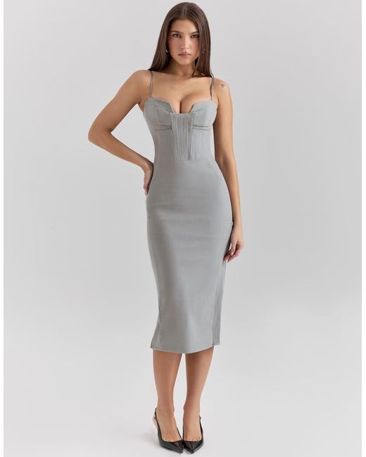 House Of Cb Gray Kiki Mesh Panelled Bodycon Midi Dress