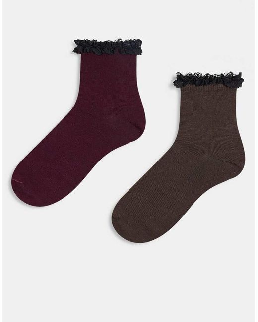 Confezione Da 2 Paia Di Calzini Bordeaux E Cioccolato Con Volant di ASOS in Purple