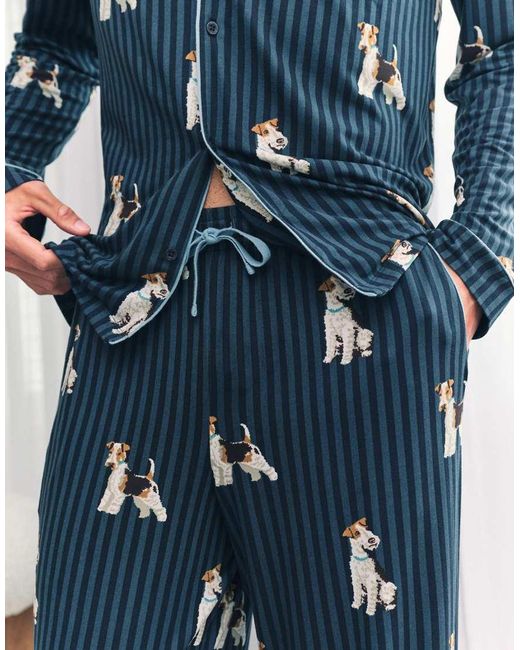 Chelsea Peers Blue Terrier Dog Stripe Print Long Pyjama Set for men
