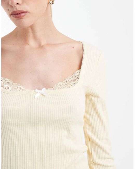 Miss Selfridge Blue Long Sleeve Rib Top With Lace Detail