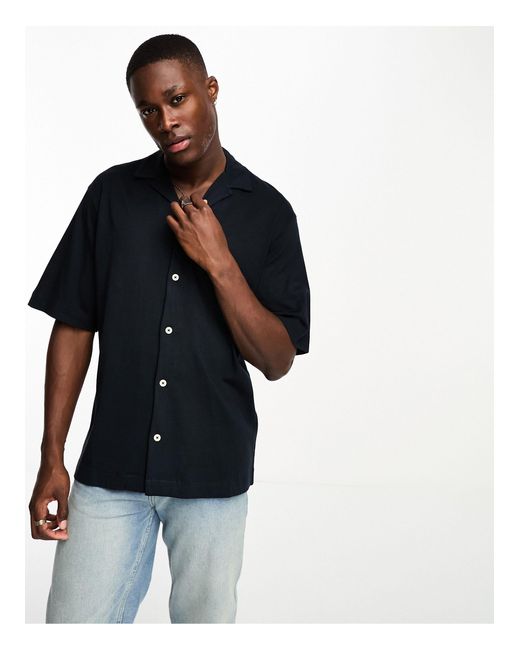 Jack & Jones Premium Oversized Heavy Weight Jersey Revere Collar Shirt in  Blue for Men | Lyst Canada