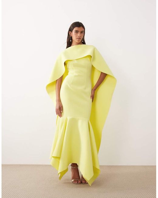 ARRANGE Yellow High Neck Ruffle Cape Overlay Maxi Dress