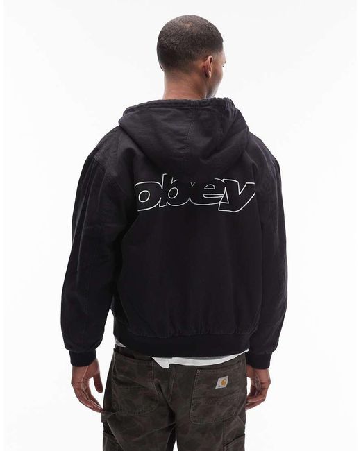 Obey Black Randy Zip Up Hooded Bomber Jacket for men