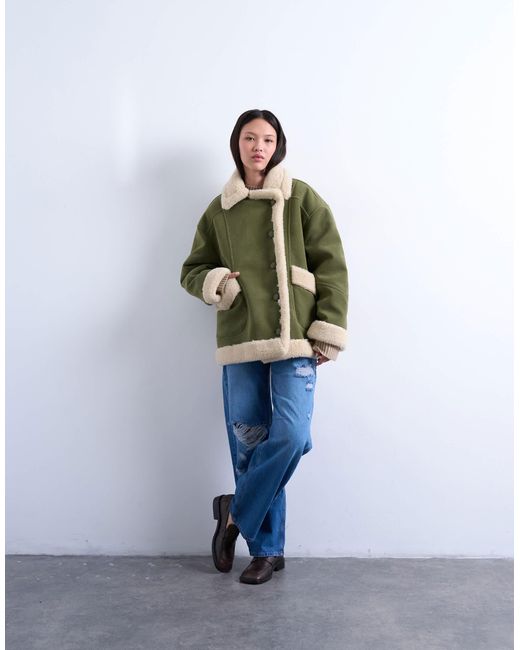 TOPSHOP Green – oversize-car-coat aus wildlederimitat