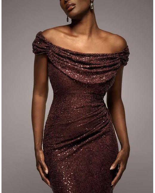 Goddiva Brown Cap Sleeve Iridescent Sequin Cowl Maxi Dress
