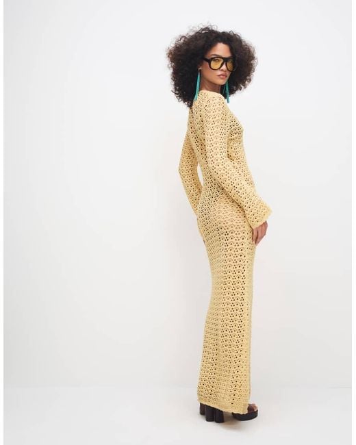 Noughts & Kisses Metallic Scoop Neck Crochet Long Sleeve Maxi Dress