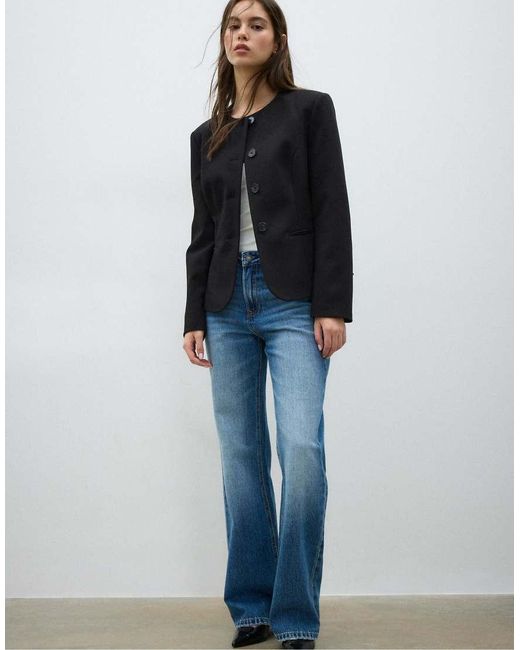 Stradivarius Blue Collarless Blazer