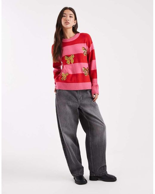 Brave Soul Red Crew Neck Stripe Jumper With Sequin Bow Detail