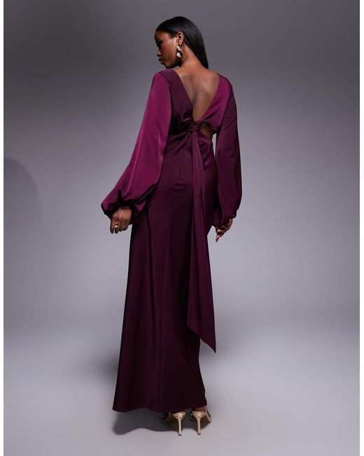 ASOS Purple Long Sleeved Cut Out Maxi Dress With Knot Back Detail