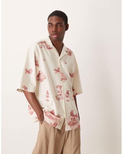 ASOS Natural Oversized Revere Shirt With Scenic Print for men