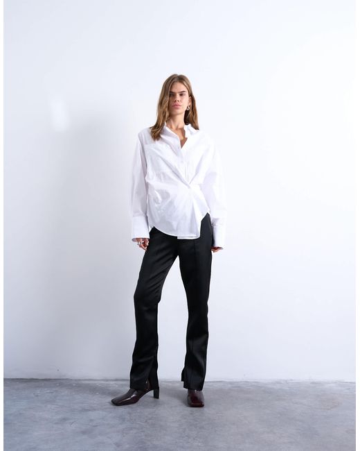 TOPSHOP White Asymmetric Placket Waisted Long Sleeve Cinched Shirt