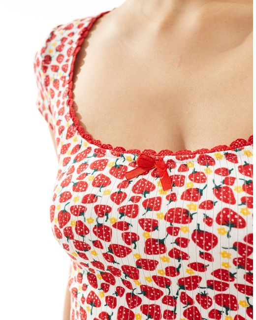 Motel Red Strawberry Print Bow Detail Top