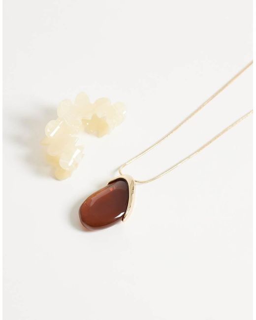 ASOS White Long Necklace With Burgundy Resin And Metal Pendant