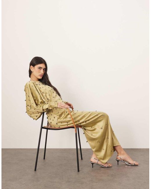 ARRANGE Natural Embellished Ball Bearing Strong Shoulder Open Back Maxi Dress