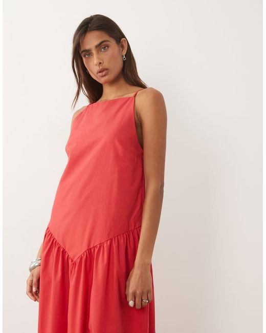 ASOS Red Poplin Slash Neck Dropped Waist Maxi Dress