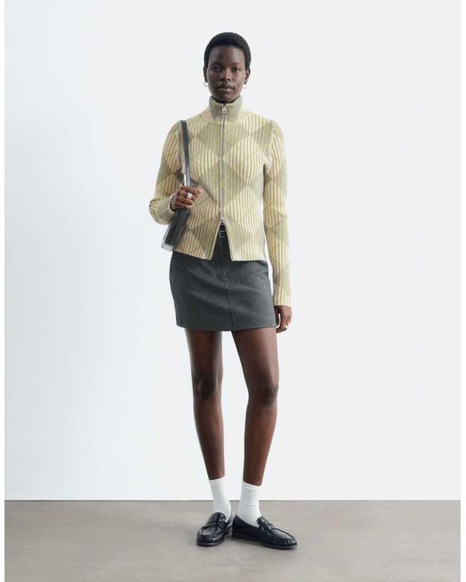& Other Stories White Ribbed Zip Through Funnel Neck Cardigan With Argyle Design