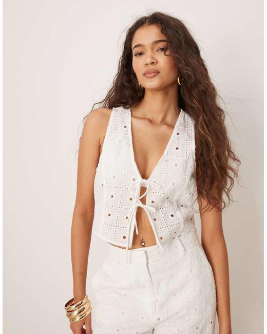 Mango White Cotton Floral Broderie Tie Front Waistcoat Co-ord